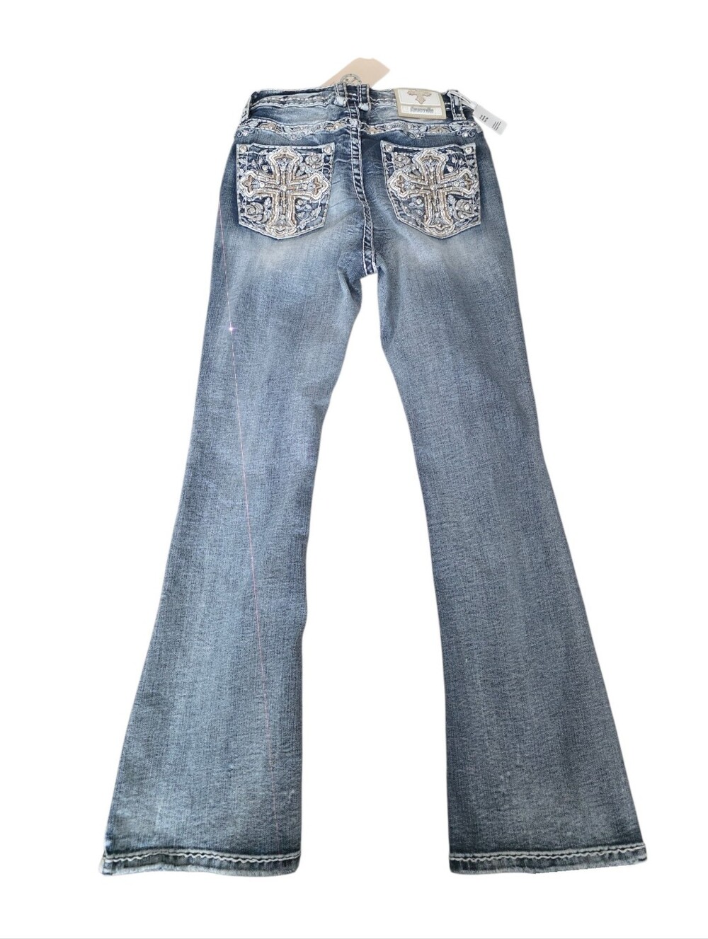 New Answer Me Rhinestone Blue Wash Denim Bootcut Flared Jeans Pants Ws Size 8